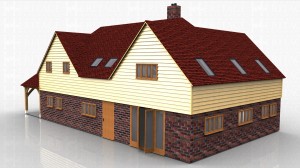 This U-shaped oak framed house shows how an oak frame can be used in combination with brickwork with the entire ground floor exterior being in brick while retaining the classic features of an oak frame on the inside with weatherboard exterior finish to the upper floor. An extended canopy over the front door gives a welcoming covered shelter and the one and a half storey type construction (similar to the sling brace design) makes excellent use of the upper floor area giving more head-room upstairs. Rooflights provide additional natural light and ventilation into the upper floor area.