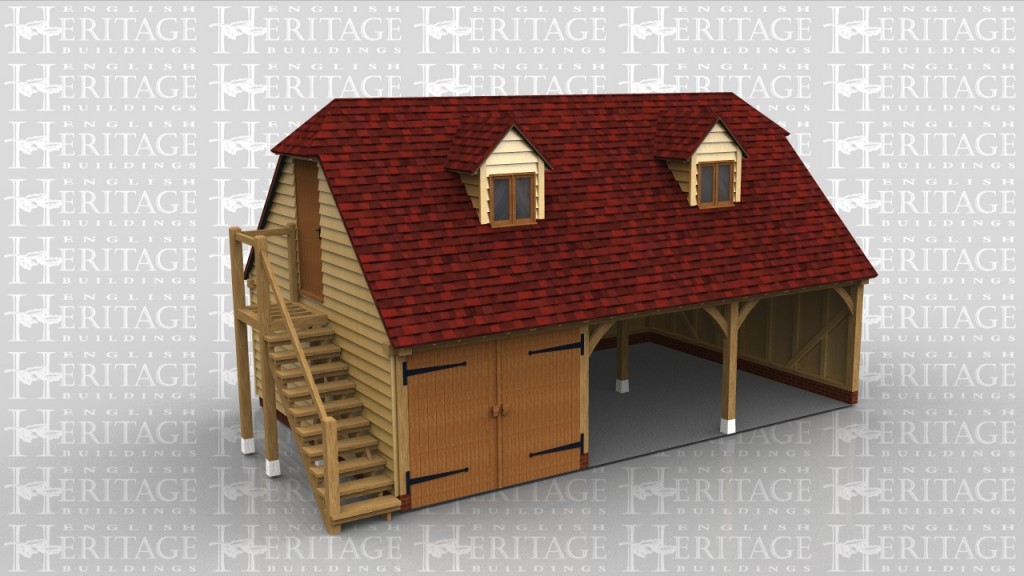 Three bay garage with the first bay enclosed with garage doors. Oak staircase to the left hand side giving access to the first floor which has 2 dormer windows.