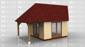 Oak framed extension to existing house with an additional outside covered area. It also has a roof connection onto the existing pitched roof.