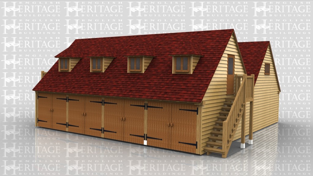 Enough parking for 8 cars in this oak framed garage and 2 large first floor areas accessed by an external oak staircase. An oak balcony runs most of the way down one side.