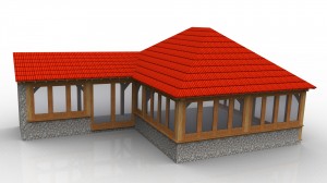 Oak framed garden room extension with the smaller part having a lean to roof on to the existing house. Glazed all round on dwarf cavity stone walls.