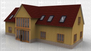 This oak framed house was designed for a customer in Suffolk and has five main bays and one barn entrance to the front. The barn entrance has full length windows to the first floor and opening windows to the ground floor, providing an airy and open plan interior. On the first floor there are trimmings for nine rooflights to provide plenty of natural light to the upstairs, and to the left hand side there is a feature balcony for the master bedroom, accessed by a pair of opening garden room windows.