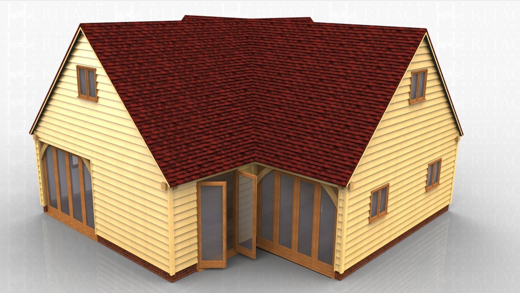 This oak framed house was designed for a customer in Belgium and is comprised of two frames. The first frame has three bays and the roof endings are both gables, with four full length garden room windows to the right side, and a single solid door to the left. There is also a pair of opening garden room doors to the front. The second frame is a single bay, attached at the left hand end and with a gable end to the right. The rear of this frame has four full length garden room windows. Each gable roof end has a two pane window.