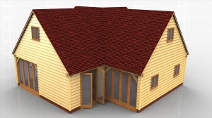 This oak framed house was designed for a customer in Belgium and is comprised of two frames. The first frame has three bays and the roof endings are both gables, with four full length garden room windows to the right side, and a single solid door to the left. There is also a pair of opening garden room doors to the front. The second frame is a single bay, attached at the left hand end and with a gable end to the right. The rear of this frame has four full length garden room windows. Each gable roof end has a two pane window.
