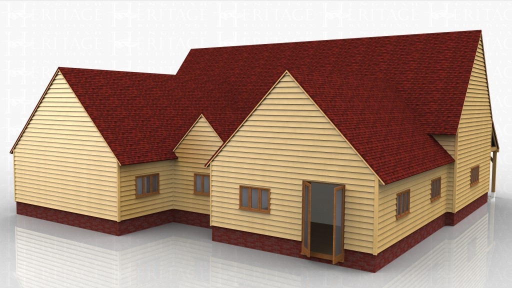 This oak framed building was designed as a village hall. It is formed of four seperate frames, the first is a large five bay building with an open logstore to the front. Each bay has a set of full length opening garden windows to the front. On the first floor there is a four pane window to the right side and  an open logstore.  The other three bays are attached to the main building to provide another meeting room, a store, a kitchen and toilets. The main building has trimming for five rooflights to let in the maximum amount of natural light.