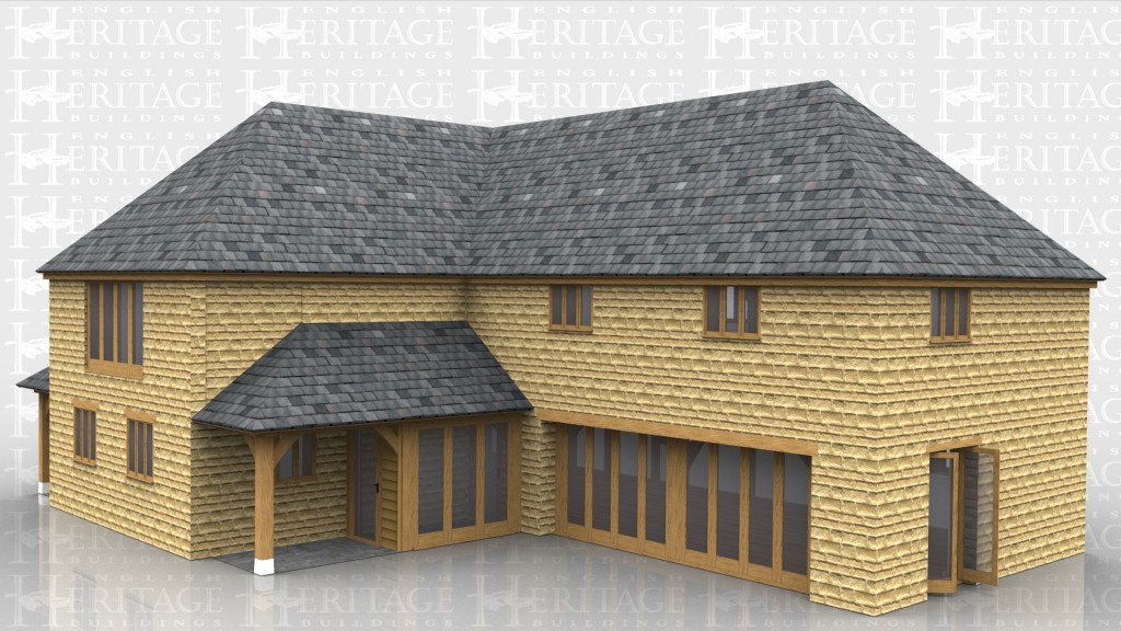 This two storey oak framed house was designed for a customer in Devon where the entire frame was encased in stone to meet local planning requirements. This is a great example of how you can enjoy the beauty of an oak frame even in areas where you can not have the traditional weatherboard exterior. There is a covered porch over the glazed entrance area and full height glazing giving fantastic natural light into the downstairs lounge area.