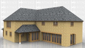 This two storey oak framed house was designed for a customer in Devon where the entire frame was encased in stone to meet local planning requirements. This is a great example of how you can enjoy the beauty of an oak frame even in areas where you can not have the traditional weatherboard exterior. There is a covered porch over the glazed entrance area and full height glazing giving fantastic natural light into the downstairs lounge area.