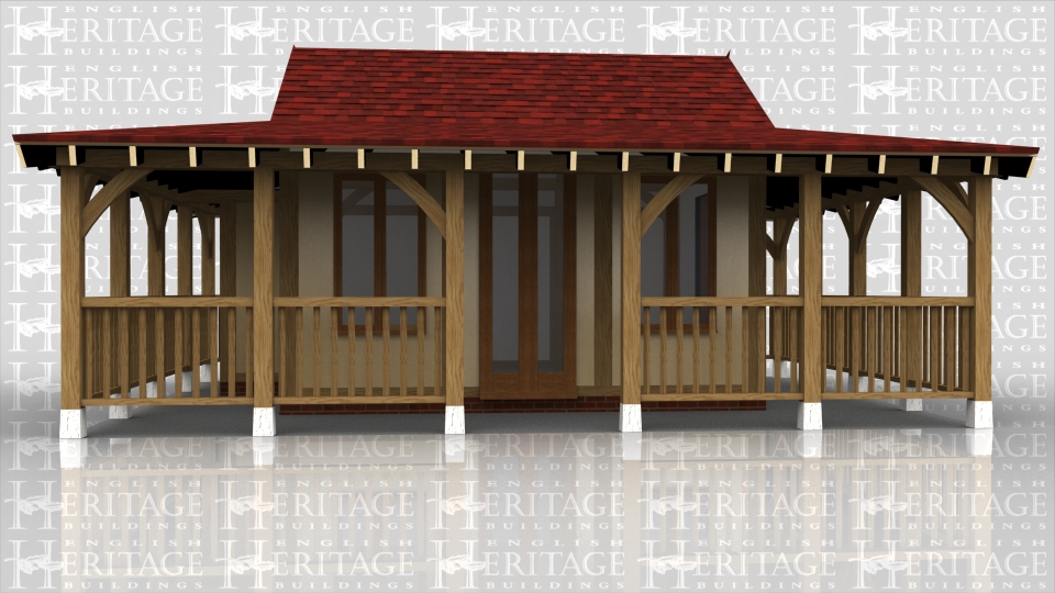 A 3 bay central building with covered areas and balustrading on 3 sides.