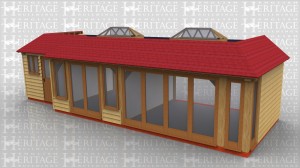 Oak framed extension extending 3 different rooms. A flat top to the roof so as not to interfere with upstairs windows on the existing house and 2 glazed oak lanterns on the roof to give maximum light into the new areas.