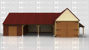 One building has a higher eaves height with garage doors and a log store on the side. The other building is partly built over an existing enclosed brick shed and gives two more open car spaces.