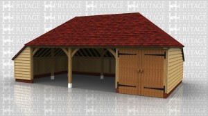 Three bay oak framed building with 2 open bays with an enclosed log store and a secure store area with double doors on the front.
