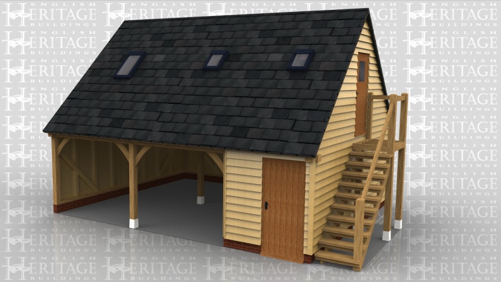 Two open garage bays with a secure store/workshop. External oak staircase to access first floor area.