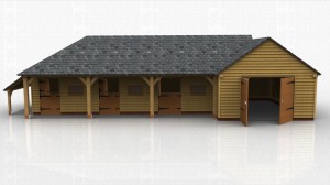 An oak framed stable complex comprising of three stables and a single enclosed garage.