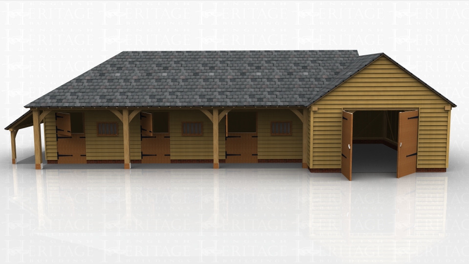 An oak framed stable complex comprising of three stables and a single enclosed garage.