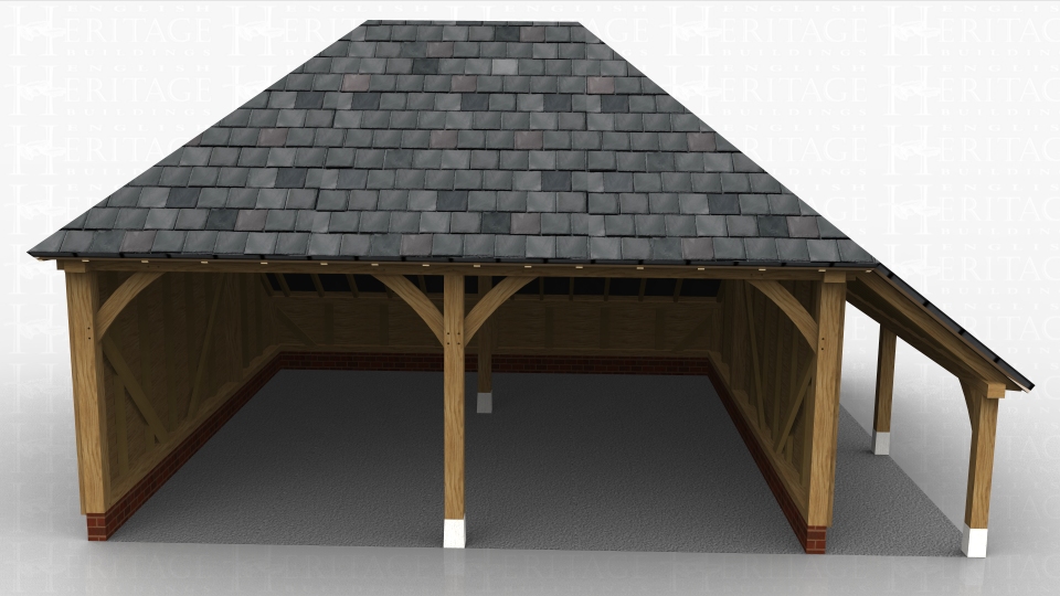 Two bay open fronted oak framed garage with a log store on the right hand side.