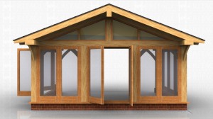 Oak framed house extension with glazing all around and a glazed gable under a large roof overhang.