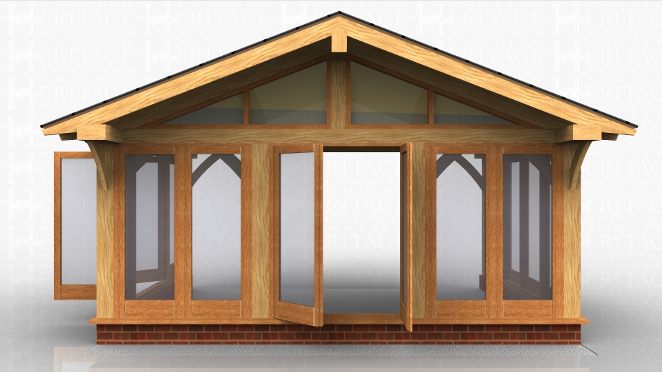 Oak framed house extension with glazing all around and a glazed gable under a large roof overhang.