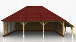 Full depth 3 bay oak framed garage with hipped ands and a logstore on the right hand side.