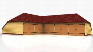 An 'L' shaped oak framed garage complex comprising of 5 car bays all with garage doors to make one complete secure area with a large workshop area in the corner.