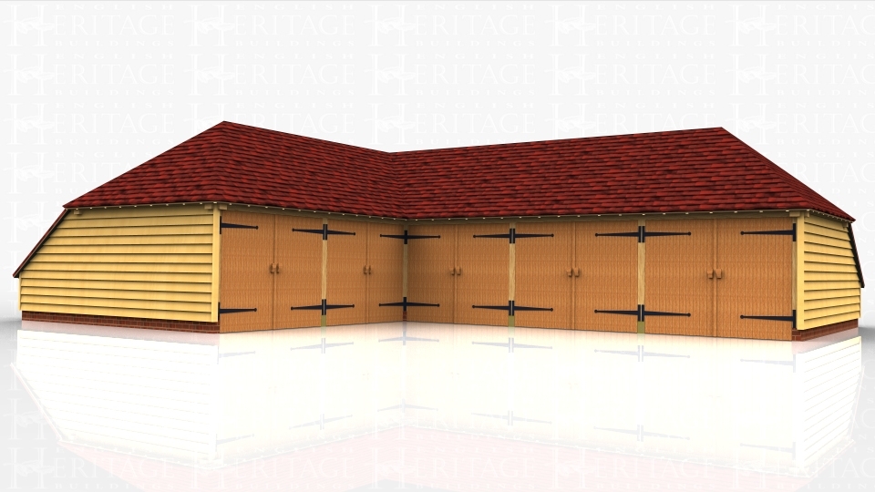 An 'L' shaped oak framed garage complex comprising of 5 car bays all with garage doors to make one complete secure area with a large workshop area in the corner.