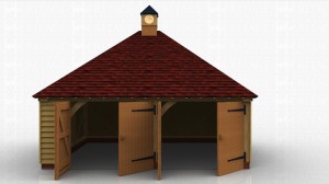 2 bay garage split into two secure parking bays with garage doors. Roof has an oak clock tower on top.