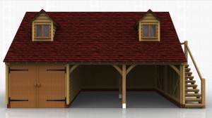 Three bay oak framed garage with first floor accessed via an oak staircase on the right hand side. Two dormers to the front bring more light and space to the first floor. One bay secured parking using a partition and pair of garage doors.