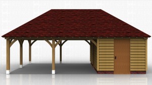 3 bay oak framed building used as a secure storage area and an open covered sitting area for the garden.