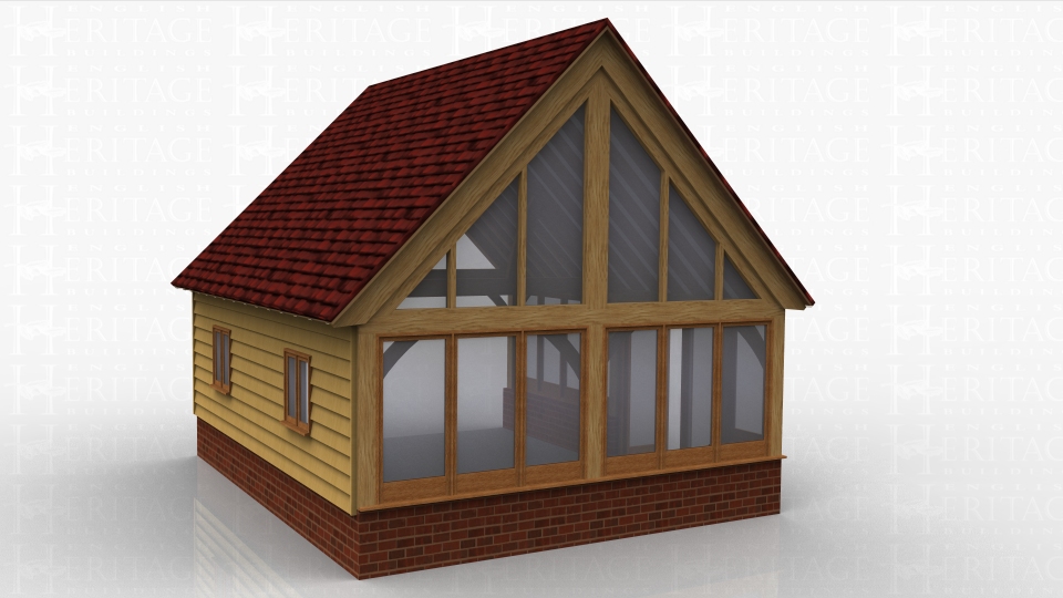 2 bay oak framed extension with glazing on two sides set on dwarf cavity brick walls. Gable end is completely glazed to give maximum light into the room.