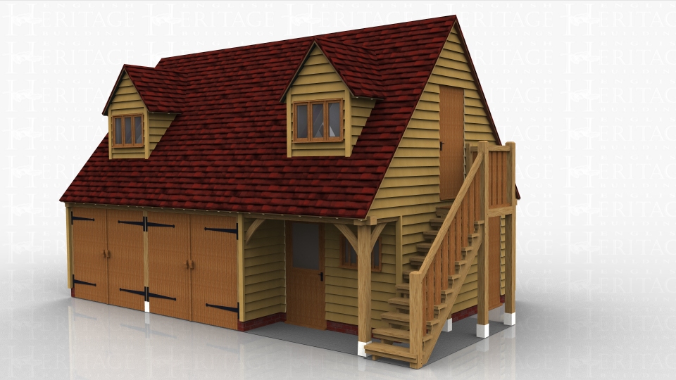 3 bay oak framed garage with external oak staircase up to first floor which has two dormer windows. There are two bays of secure parking with garage doors on the front and the third bay is a storage/workshop area.