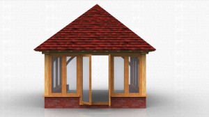 A square oak framed extension with glazed units on dwarf cavity brickwork.