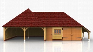 A complex of a square double open oak car port bays with a workshop and  secure garage bayand log store on the right hand side.