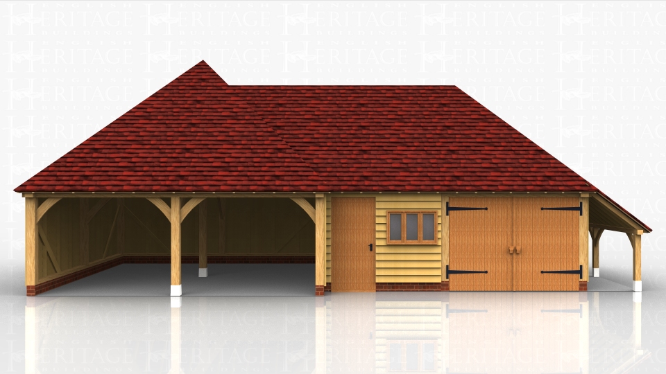 A complex of a square double open oak car port bays with a workshop and  secure garage bayand log store on the right hand side.