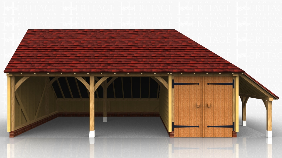 Two open garage bays with a secure store / workshop on the right hand side. A logstore is also attached to the store.