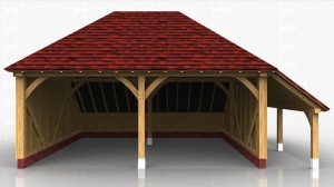 2 bay oak framed open garage with a log store to the right.