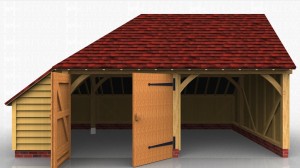 Two bay oak garage with one open car bay and a second enclosed with garage doors with an internal storage area under the side catslide roof.
