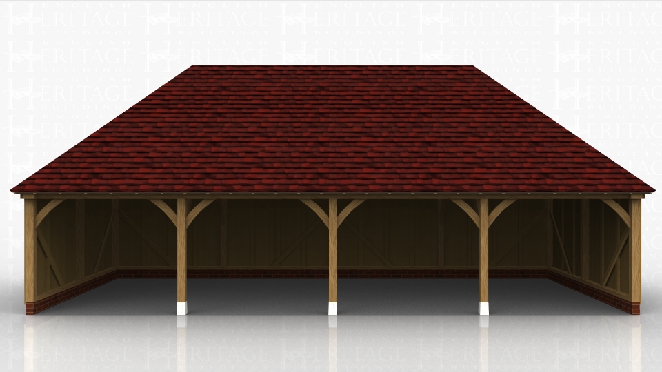 4 bay open fronted garage block with hipped ends.