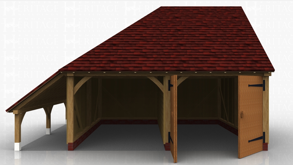 Two bay oak framed garage with one open parking space and one secured with garage doors. It also has a logstore on the side.