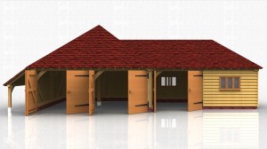 2 bay oak garage with garage doors and small logstore on side connected to a two bay enclosed workshop area with garage doors and a single pane window.