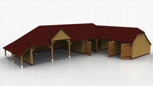 An 'L' shaped oak framed complex offering 2 secure parking spaces with garage doors, 3 open parking spaces one with a higher eaves height, a drive through and a secure workshop / store with a single door access to the rear.