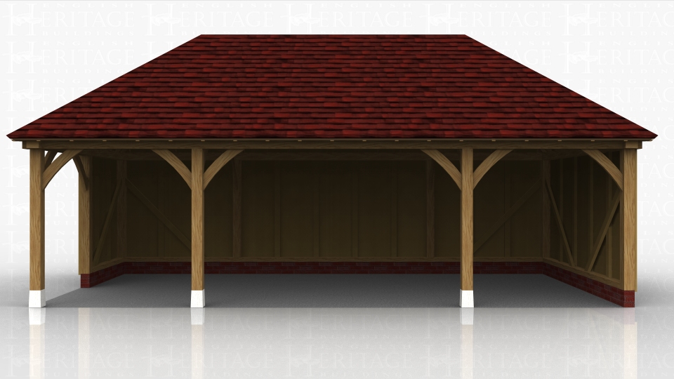 An oak framed covered area for sitting or storing outdoor furniture.