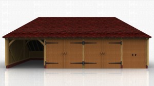 Four bay oak framed building with one open garage bay, 2 secure garage bays with garage doors and a store area with double doors on the front.