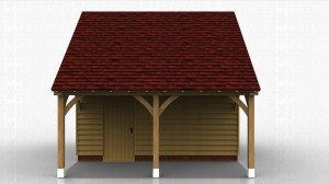 Oak framed garden store with overhang at the front and accessed by a single door under the roof overhang.