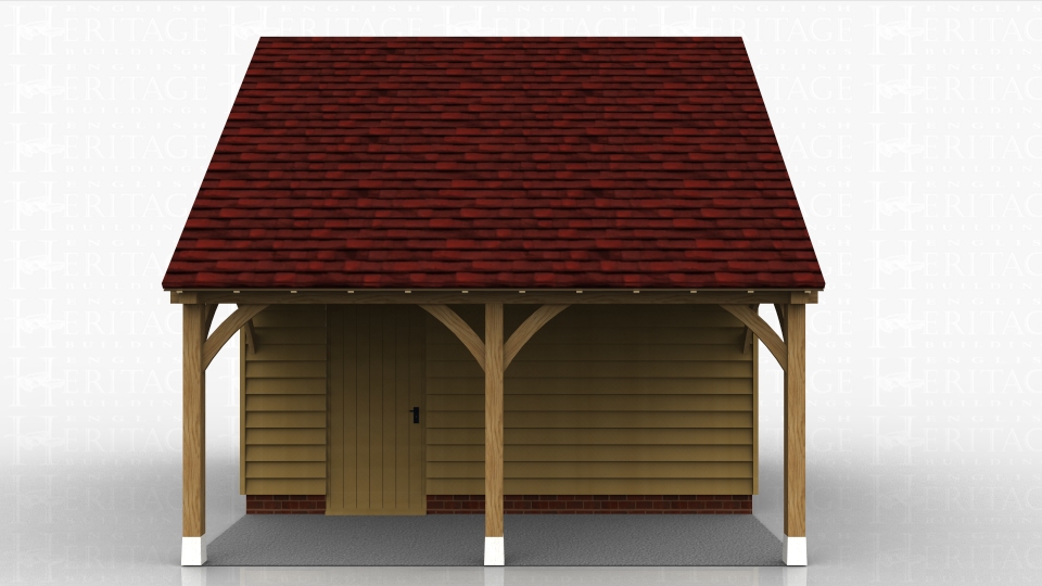 Oak framed garden store with overhang at the front and accessed by a single door under the roof overhang.