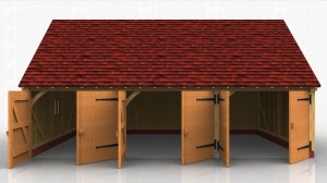 Three bay oak framed garage with garage doors on each bay.