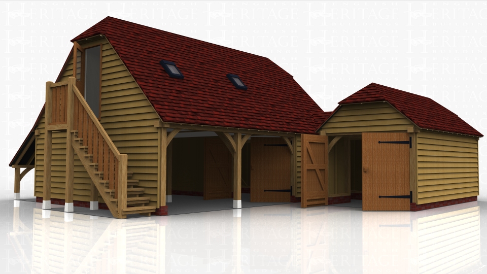 An oak framed complex comprising of a 3 bay garage with a first floor accessed by an external oak staircase, 2 bays open parking spaces and the third is enclosed as a storage / workshop area with access via a pair of garage doors. A small link takes you through to a single storey garage secured with garage doors.