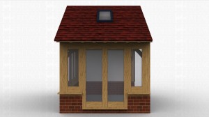 Small oak framed extension with accessed by a pair of glazed doors. One side is weatherboarded and the others glazed on a low cavity plinth wall.