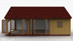 A garden leisure building with 3 sets of bi-folding glazed doors.This building has exposed oak rafters with an insulated warm roof over.