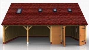 Oak framed garage block with two open car bays and one car bay enclosed with garage doors. A narrow bay between the 2 houses the internal staircase which accesses the first floor space.