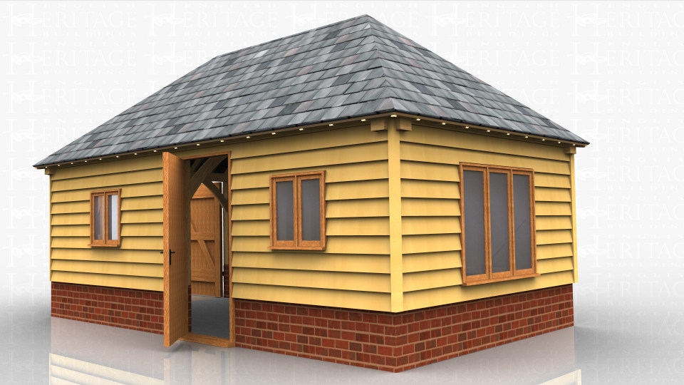 Single bay oak garage with garage doors and a single door to the side.