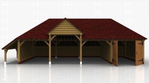 Four bay oak framed building with one bay enclosed with a partition and a pair of garage doors. The other 3 bays are open and one bay has a higher eaves height to accommodate a taller vehicle. There is also a logstore on one end.